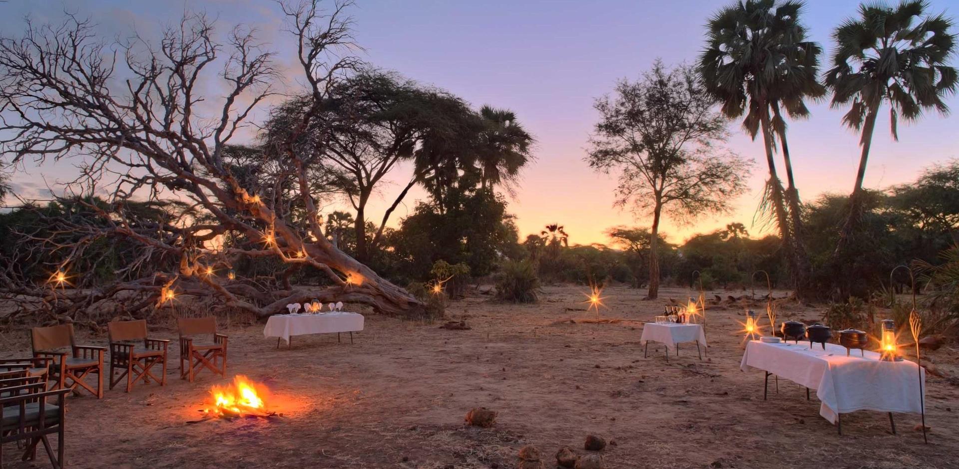Outdoor bar and dining, Sausage Tree Camp, Zambia, A&K
