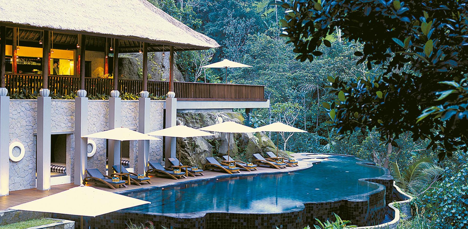 Poolside and exterior, Maya Ubud Resort & Spa, Indonesia