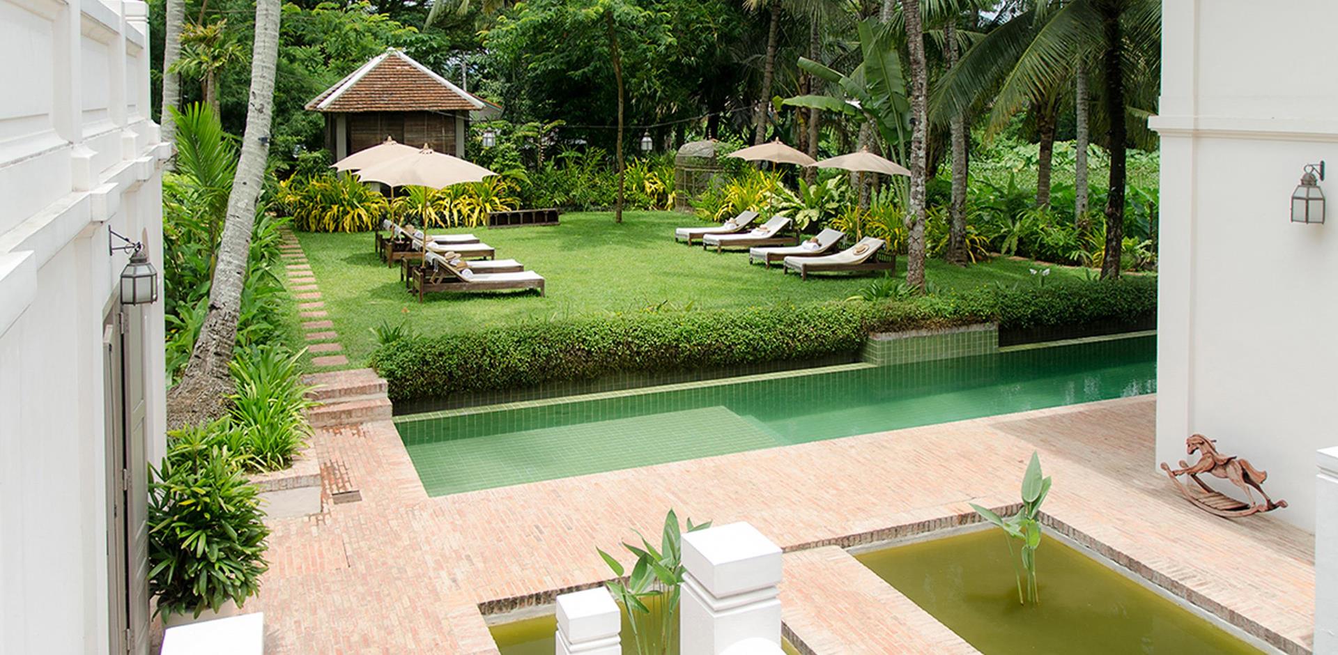 Pool and loungers, Satri House, Laos
