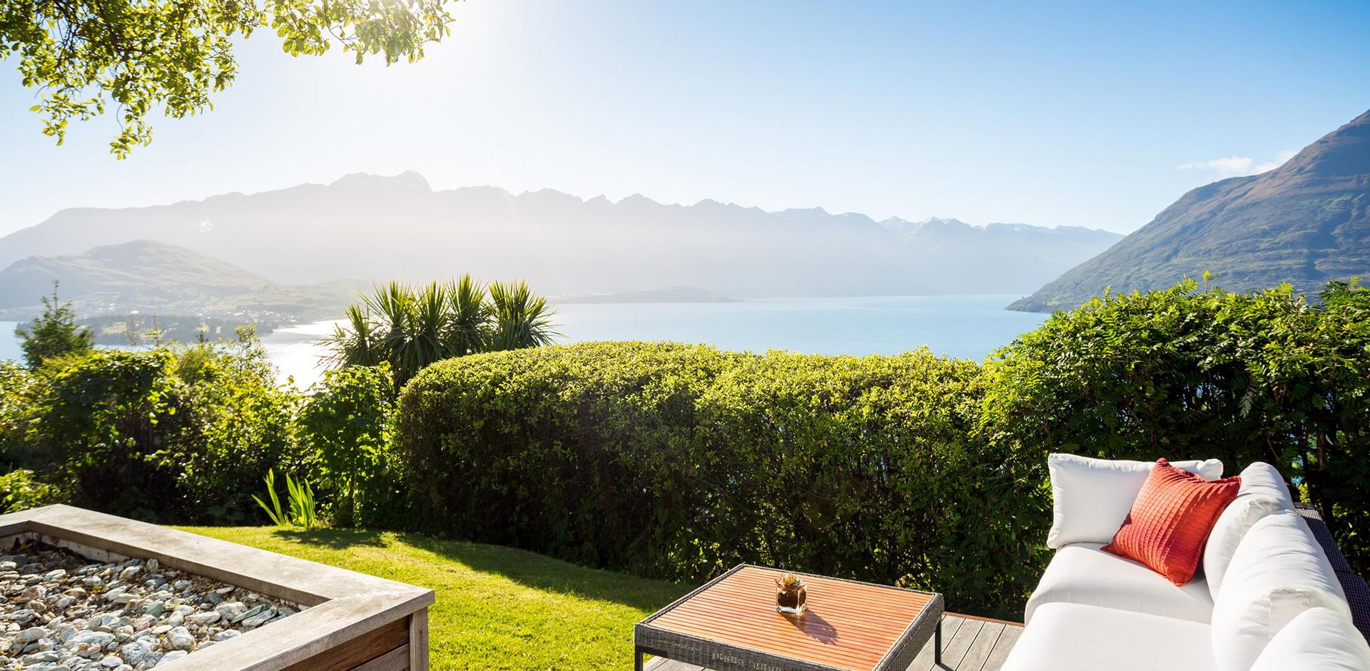 Outdoor lounge view, Azur Lodge, New Zealand