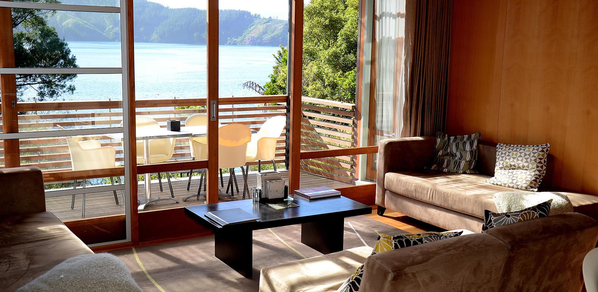 Lounge and balcony, Bay of Many Coves, New Zealand
