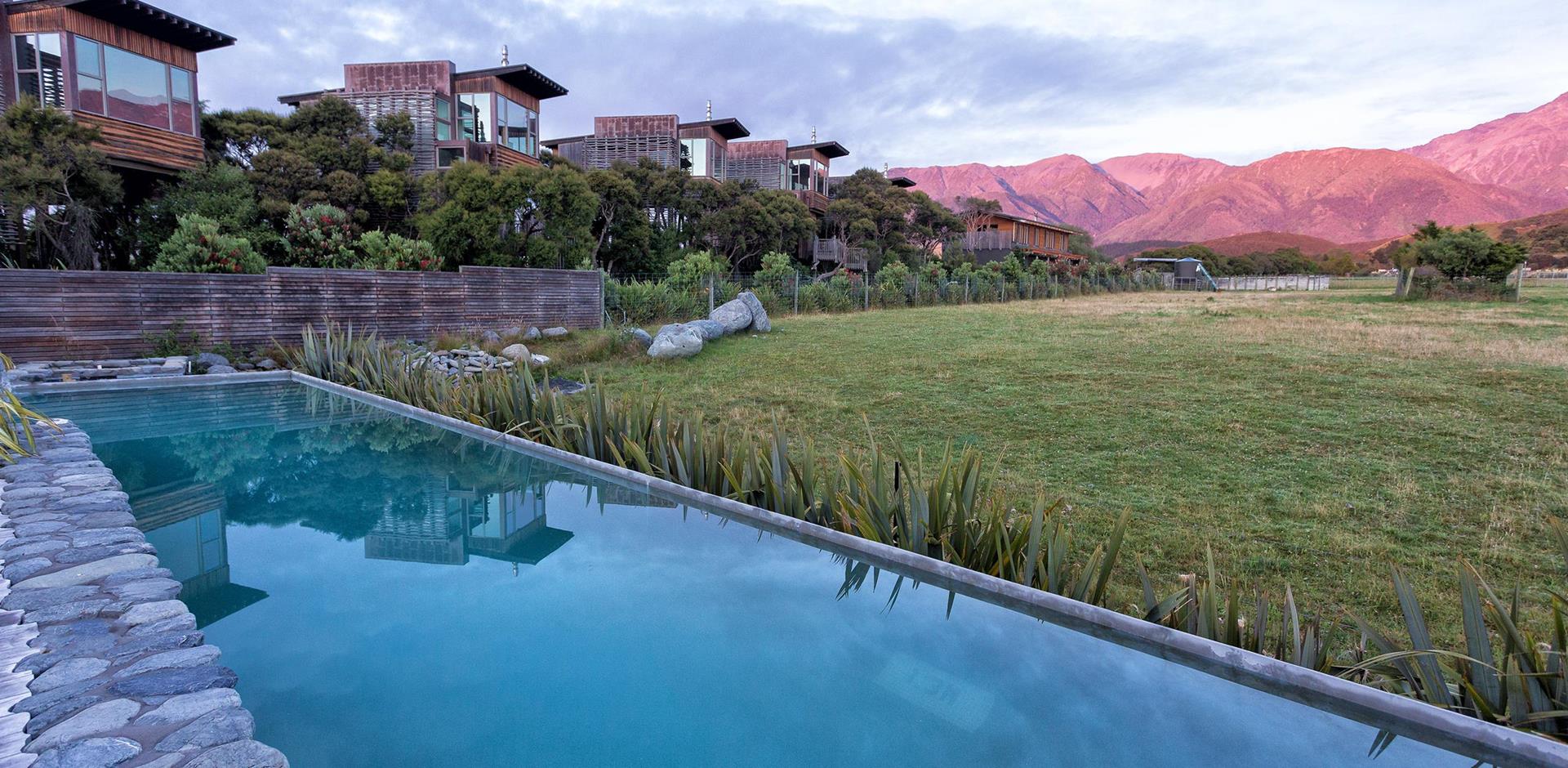 Pool and exterior, Hapuku Lodge, New Zealand