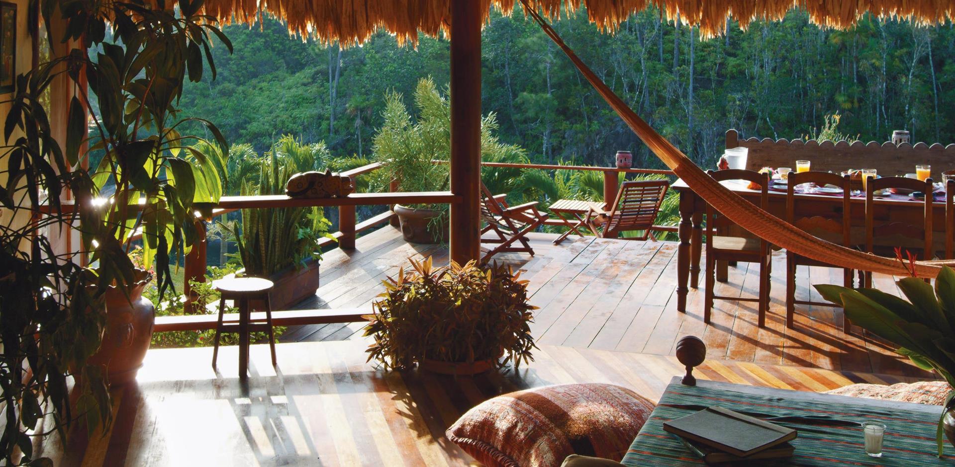 Dining area with view of rainforest, Blancaneaux Lodge, Mountain Pine Ridge, Belize, Central America