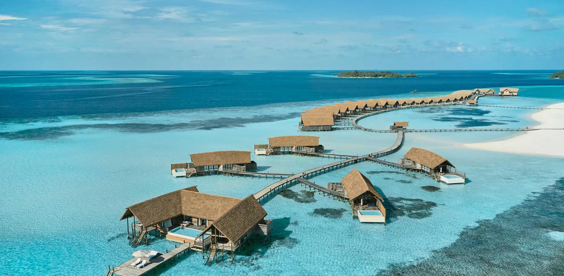 Aerial view, water villas, COMO Cocoa Island, Maldives