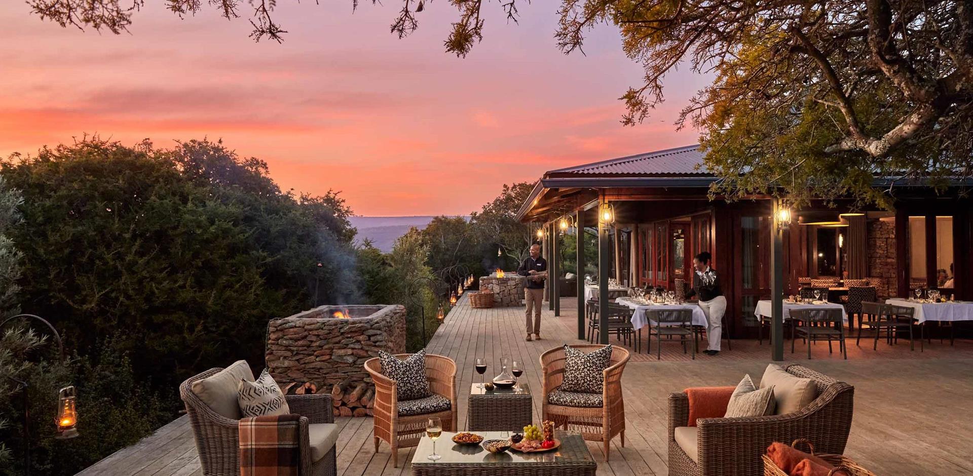 Sunset on the terrace, Kwandwe Ecca Lodge, South Africa