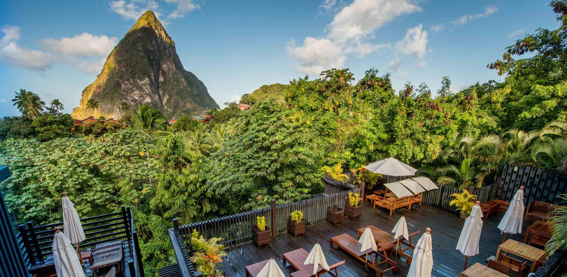 Views of Petit Piton Mountain from the restaurant, The Rabot Hotel from Hotel Chocolat, St Lucia, Caribbean