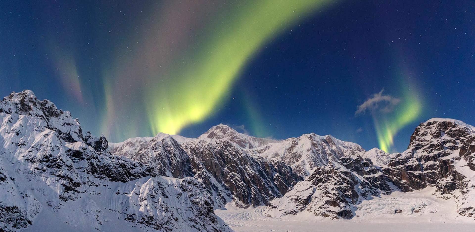 Rocky landscape and the northern lights (Aurora Borealis), Sheldon Chalet, Denali National Park, Alaska, USA