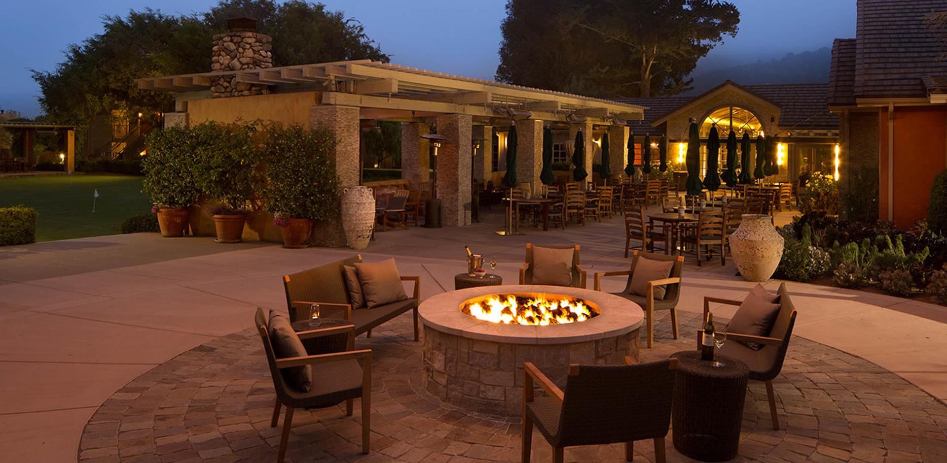 Seating with firepit, Bernardus Lodge & Spa, California, USA