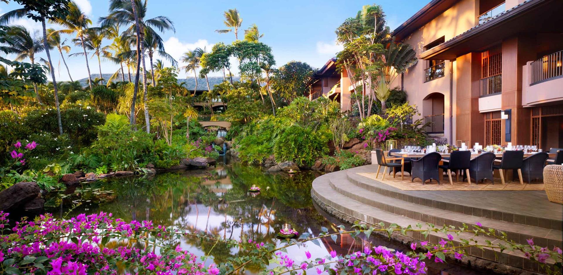 Exterior and garden, Four Seasons Resort Lana'i at Manele Bay, Hawaii, USA