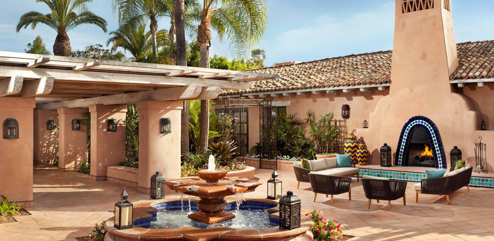 Fountain courtyard, Rancho Valencia Resort and Spa, California, USA