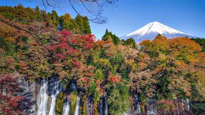 Mount Fuji and colourful Maple trees at Shiraito Falls, Shizuoka