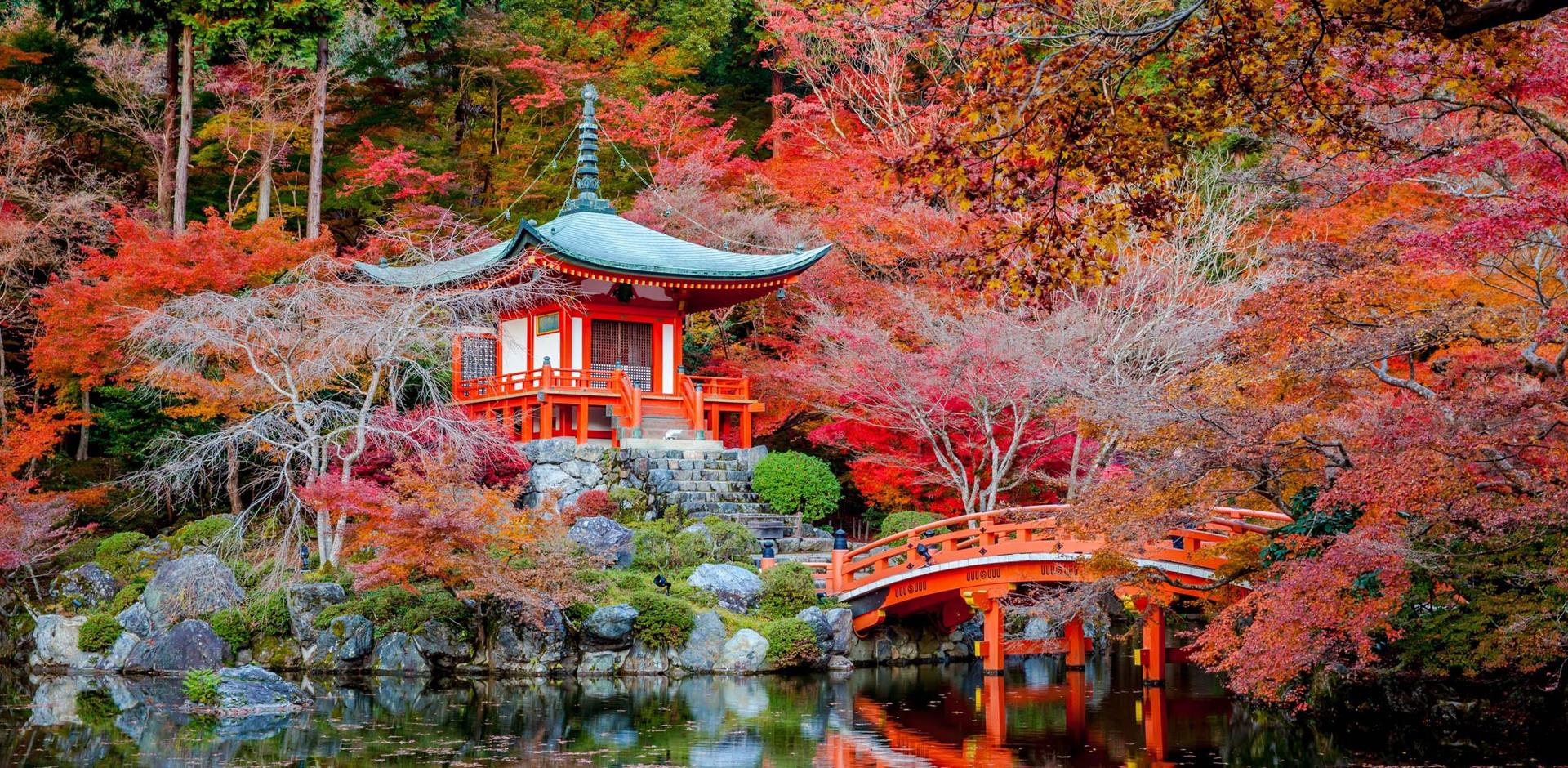 Traditional Japanese temple and bridge in Kyoto, Japan