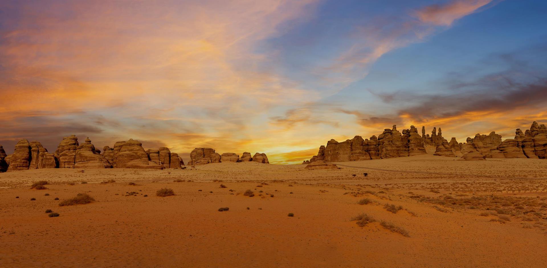 Outcrop geological formations at sunset near AlUla, Saudi Arabia